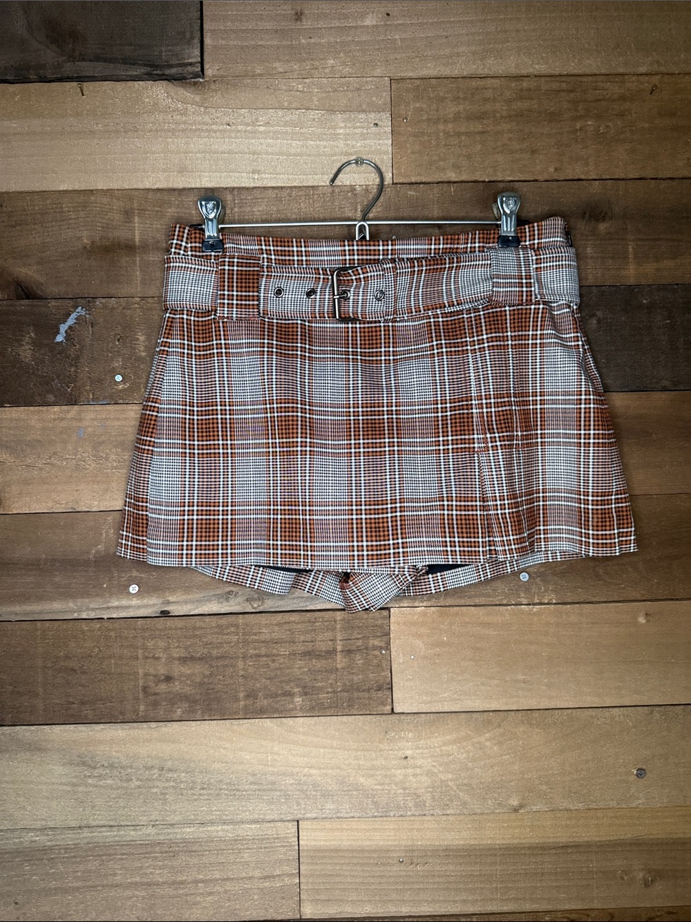Free People Rust and Cream Plaid Belted Skort